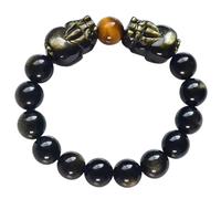 Feng Shui Double Mascot Bracelet - Chakra Healing Golden Sheen Obsidian Wealth Amulet for Prosperity and Good Luck(10mm)
