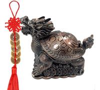 Feng Shui Dragon Turtle Multi Functional Metal Statue Wealth Prosperity Sculpture with Set of 5 Lucky Charm Ancient Coins on Red String Best Housewarming Congratulatory Gift Home Decor (D1 Bronze)