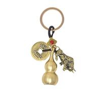 Feng Shui Five Emperors Money Copper Gourd Keychain w Zodiac Wealth Ox Statue and Wu Lou Gourd Calabash With Brass Coins W4432