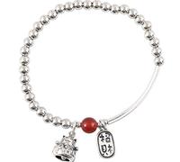 Feng Shui Fortune for Women 925 Silver Wealth Cat Lucky Cat Red Agate Bead Stretchy Bangle Amulet Attract Money Luck Ward Spirits