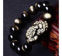 Feng Shui Gold Obsidian Charm Auspicious Dragon Carrying Ancient Coins Wealth Amulet Crystal Chakra Quartz for Women Men,12mm