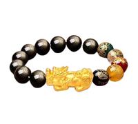 Feng Shui Golden Obsidian Mascot Bracelet for Wealth and Prosperity - Color-Changing Crystal Beads Amulet for Good Luck, Adjustable Wrist Size 5.5-7.5 inches(Gold Pixiu,10mm)
