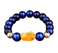Feng Shui Golden Pixiu Wealth Bracelet - Prosperity Amulet with Blue Tiger Eye Stone - Natural Healing Chakra Crystal Bangle for Good Luck and Protection(10mm)