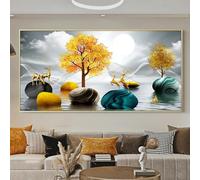 Feng Shui Golden Rich Tree Canvas Painting Wall Art Deer Landscape Lucky Stone For Living Room Decor 70x100cm frame