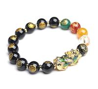 Feng Shui Good Luck Bracelets Five-Element Obsidian Bead Lucky Charm Color Change PiXiu/Pi Yao Bracelet Chinese Dragon Attract Good Luck and Wealth Jewelry Adjustable Elastic,12mm
