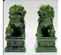 Feng Shui Guardian Lion Statues - Lucky Fu Foo Dogs Pair, Traditional Chinese Art Ornament Sculpture for Indoor Outdoor Decor, Stone Finish