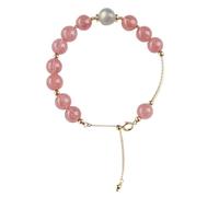 Feng Shui Healing Crystal Bracelet - 14K Gold Natural Strawberry Quartz & Moonstone - Adjustable Chakra Balance Jewelry for Luck & Protection