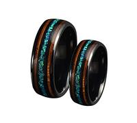 Feng Shui， His and Hers Rings Personalized, Couples Rings Stainless Steel Size L 1/2 to Z 1/2 8mm Black Ring Inlay Opal and Wood