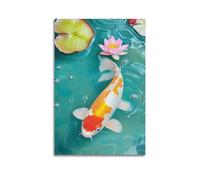 Feng Shui Koi Fish Wall Art, Retro Chinese Style Pink Lotus Pond Carp Painting Hanging Paintings Poster, Traditional Blessing Artwork Ideal for Living Room Tea 08x12inch(20x30cm)
