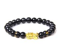 Feng Shui Mascot Bracelet for Luck and Wealth - Black Obsidian Beaded Bracelet with Gold Charm for Men, Women, and Kids(Smooth onyx 2,17cm)
