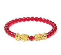 Feng Shui Mascot Bracelet for Luck and Wealth - Black Obsidian Beaded Bracelet with Gold Charm for Men, Women, and Kids(Red glass,17cm)