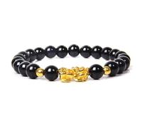 Feng Shui Mascot Bracelet for Luck and Wealth - Black Obsidian Beaded Bracelet with Gold Charm for Men, Women, and Kids(Onyx,19cm)