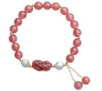 Feng Shui Mascot Bracelet - Strawberry Quartz & Moonstone - Auspicious Wealth & Love Talisman - Chakra Meditation Crystal Bracelet for Women