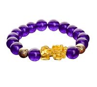 Feng Shui Mascot Bracelet - Vietnamese Gold Pi Yao Wealth Bracelet with Purple Agate Beads - Lucky Charm for Money, Love, and Prosperity - Great Gifts for Men and Women(10mm)