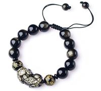 Feng Shui Mascot Dragon Bracelet - Natural Obsidian Crystal Amulet for Wealth and Good Luck - Adjustable Reiki Chakra Bracelet for Men and Women(12mm)