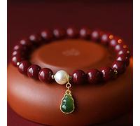 Feng Shui Natural Cinnabar Quartz 8mm Stretchy Beaded Wu Lou Charm Green Jade Amulet Good Luck Vintage Crystal Red Lucky Talisman,18CM