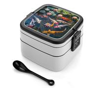 Feng Shui Nine Fish Bento Box Removable Lunch Box Double Layer Food Container with Spoon for Work Picnic