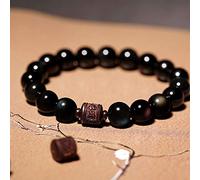 Feng Shui Obsidian Wealth for Women Natural Obsidian Leaflet Red Sandalwood Transport Tube Carved Six-Character Mantra Amulet Attract Money Luck,10MM