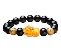 Feng Shui Pi Yao Bracelet - Gold-Filled Silver & Black Obsidian Guardian Charm for Good Luck and Wealth(Mantra obsidian,14mm)