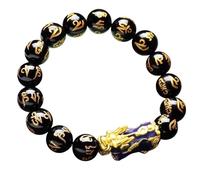 Feng Shui Pi Yao Bracelet - Gold-Filled Silver & Black Obsidian Guardian Charm for Good Luck and Wealth(Gold Golden,12mm)