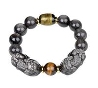 Feng Shui Pixiu Bracelet for Wealth & Prosperity - Silver Sheen Obsidian & Tiger Eye Stone Amulet for Good Luck & Success(14mm)