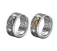 FENG Shui PIXIU MANI Mantra Protection Wealth Adjustable Ring, Buddhist Jewelry, for Women Men Gift (Silver+Gold)