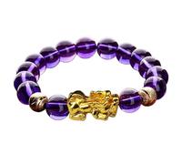 Feng Shui Pixiu Wealth Bracelet - Pure Natural 9A Icy Amethyst Crystal Beads for Attracting Money, Good Luck & Fortune | Gold-filled Pi Yao Talisman for Prosperity & Wisdom(12mm)