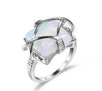 Feng Shui， Platinum Plated White Fire Opal Accents Ring Created Fire Opal Wedding Engagement Solitaire Proposal Natural Opal mesh Ring (Size 6)