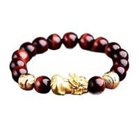 ,Feng Shui Prosperity Red Tiger Eye Stone Gold Pi Yao Wealth Beaded Crystal Bangle Chakra Amulet Money Good Luck