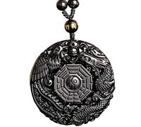 Feng Shui Pure Natural Obsidian Dragon And Phoenix Gossip Pendant Necklace Pattern Bead Chain for Men or Women W4016