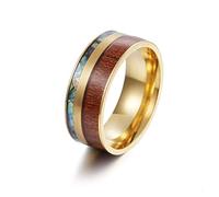 Feng Shui， Titanium Steel Ring 9MM Acacia Wood Abalone Shellfish Band Rings Personality Jewelry for Men