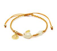 Feng Shui Wealth Bracelet Jade Bunny Bracelet Hetian Nephrite Jade Zodiac Animal Talisman for 2023 Chakra Crystal Bracelet Golden Hand-Woven Auspicous Cord Amulet Prosperity Luck Money/2024