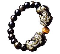 Feng Shui Wealth Bracelet - Natural Gold Obsidian & Yellow Tiger Eye Double Mascot Amulet - Stretchy Beaded Bracelet for Prosperity, Good Luck & Money Attraction - Unisex Design(16MM)