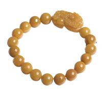 Feng Shui Wealth Bracelet, Pixiu/Pi Yao Wealth Carrying Ancient Coins Natural Golden Silk Jade Stretch Bracelet, 10MM, Acetate, Not a gemstone
