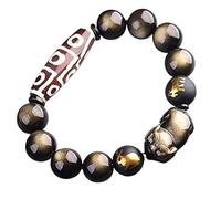 Feng Shui Wealth Bracelet with Gold Obsidian for Pig, Rooster, Goat - Tibetan Dzi Bead Chakra Healing Talisman for Money Luck and Prosperity(14mm)