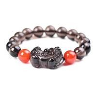 Feng Shui Wealth Bracelet with Mascot - Natural Gemstone Ice Obsidian & Red Agate Talisman for Prosperity and Luck for Men and Women(12mm)