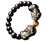 Feng Shui Wealth Natural Gold Obsidian Double Yellow Tiger Eye Talisman Stretchy Beaded for Prosperity Money Good Luck Unisex,10MM