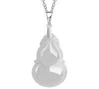 Feng Shui Wealth Necklace - Hand-Carved White Fei Cui Jade Wu Lou Calabash with Pure Silver Parts & Crystal Bracelet for Chakra Balance and Good Luck(W Silver Chain)