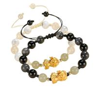Feng Shui Wealthy Pure Silver Pi Yao Crystal Bracelet - Black/White Agate, Green Nephrite Jade, Carnelian - Spiritual Charm for Chakra Balance and Meditation(Set of 2)
