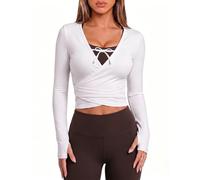 Fengbay Ballet Pilates Wrap Top for Women Y2K Long Sleeve Tie Front Deep V-Neck Workout Shirts for Yoga, Pilates, Dance, Gym, Casual Wear White