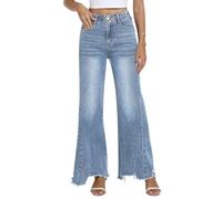 Fengbay Women Stretchy Flared Jeans Mid Rise With Frayed Hem Pockets