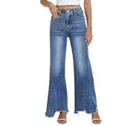 Fengbay Women Stretchy Flared Jeans Mid Rise With Frayed Hem Pockets