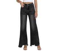 Fengbay Women Stretchy Flared Jeans Mid Rise with Frayed Hem Pockets Black