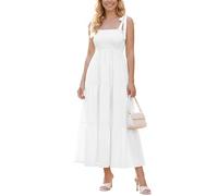 Fengbay Women's Summer Dresses, Elastic Waist Sundresses Square Neckline with Spaghetti Strap Casual Swing Dress Vacation Beach White