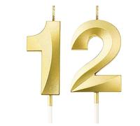 FENGCHUANG 12th Birthday Candles, Gold Number Candles Birthday Decoration, 3D Shape Birthday Cake Candles Gold Birthday Candles for Wedding and Party Anniversary Cake Decorations (Gold-12)