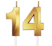 FENGCHUANG 14th Birthday Candles, Gold Number Candles Birthday Decoration, 3D Shape Birthday Cake Candles Gold Birthday Candles for Wedding and Party Anniversary Cake Decorations (Gold-14)