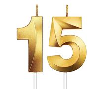 FENGCHUANG 15th Birthday Candles, Gold Number Candles Birthday Decoration, 3D Shape Birthday Cake Candles Gold Birthday Candles for Wedding and Party Anniversary Cake Decorations (Gold-15)