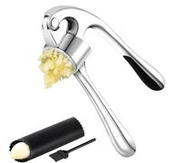 FENGCHUANG Garlic Press, Stainless Steel Professional Kitchen Ginger Crusher,Garlic Slicer, Garlic Press with Garlic Peeler and Brush, User-Friendly Garlic Chopper, Easy to Clean and Durable (Silver)