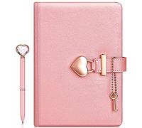 fengco Heart Shaped Lock Diary with Key + Heart Diamond Pen Set for Girls PU Leather Cover Journal Personal Planner Organizers Secret Notebook for Women (Pearl Pink, B6(18 * 13.5CM))