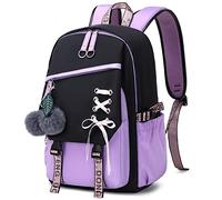 FENGDONG Teenage Girls Bookbag school Backpack Children Casual Daypack Schoolbag for Teens, Black Purple, M, Daypack Backpacks